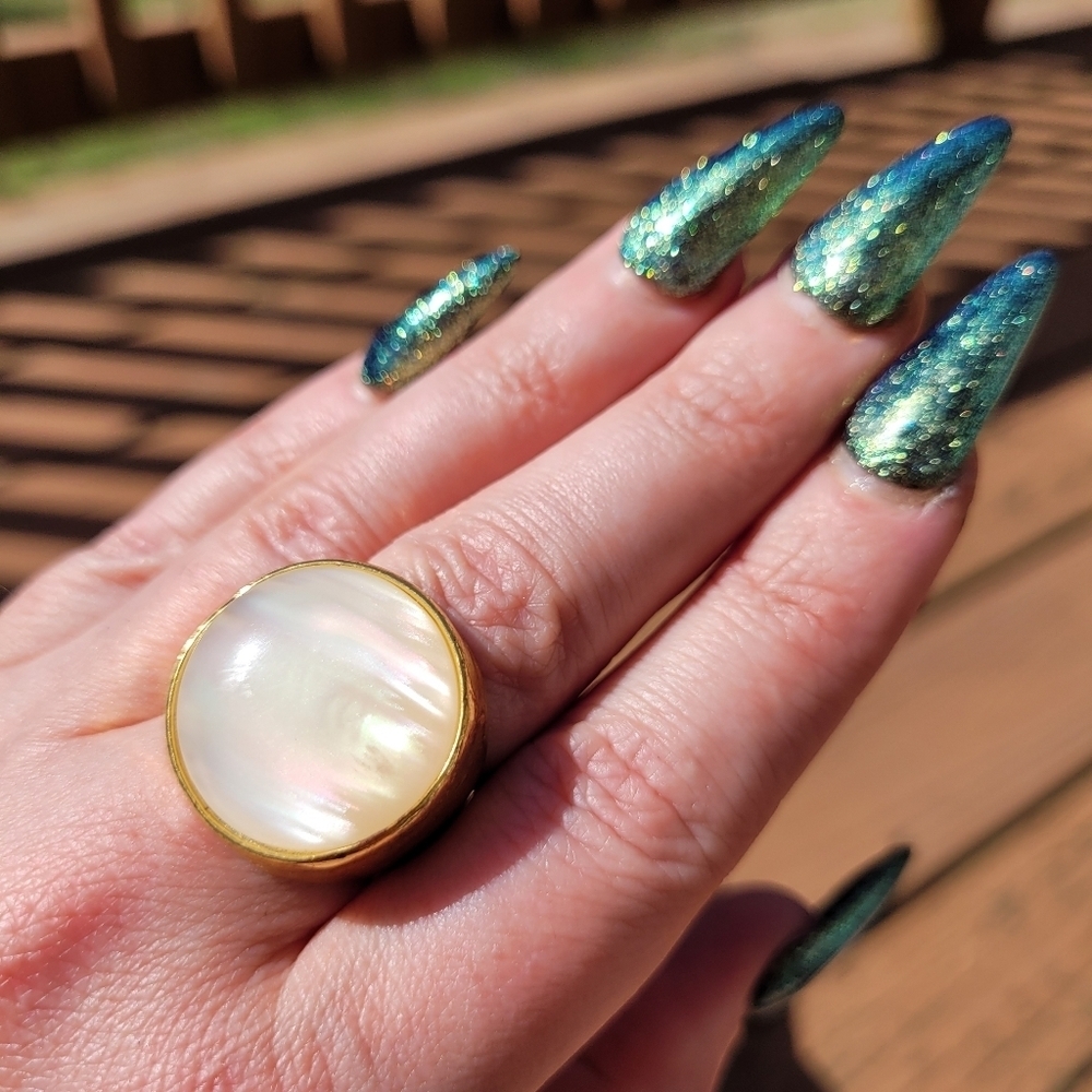 Mother Of Pearl Titanium Gold Plated Chunky Ring - Picture 6 of 16